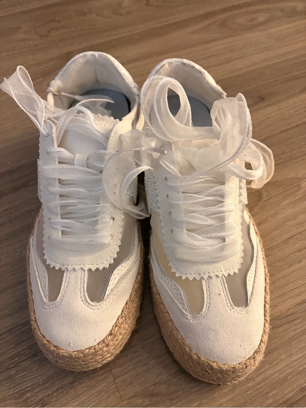 Dolce Vita White and Tan Espadrille-Trim Platform Sneakers